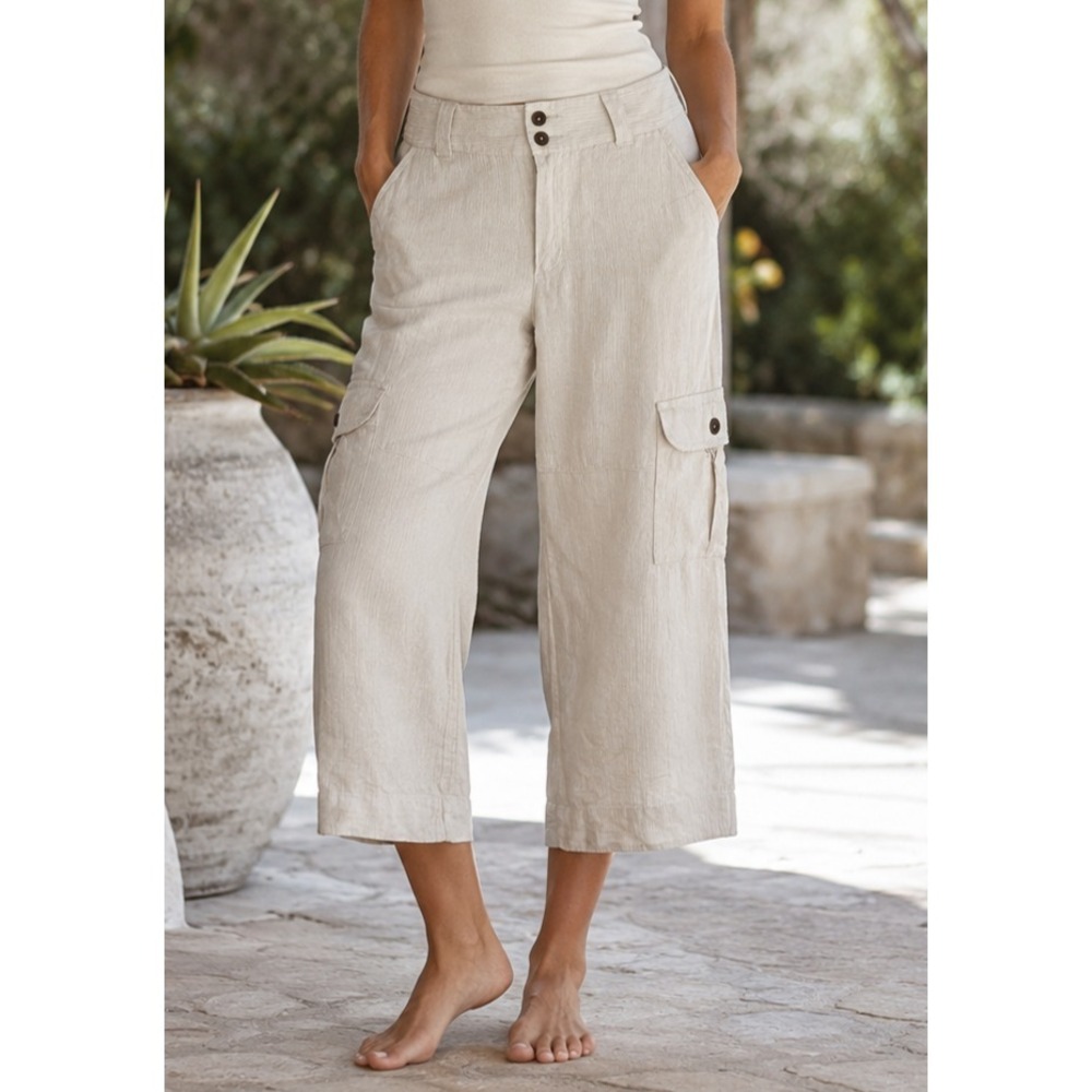 Patagonia Island Capris 100% Hemp Tan Cargo Cropped Wide Leg Pants Size 10 *Flaw